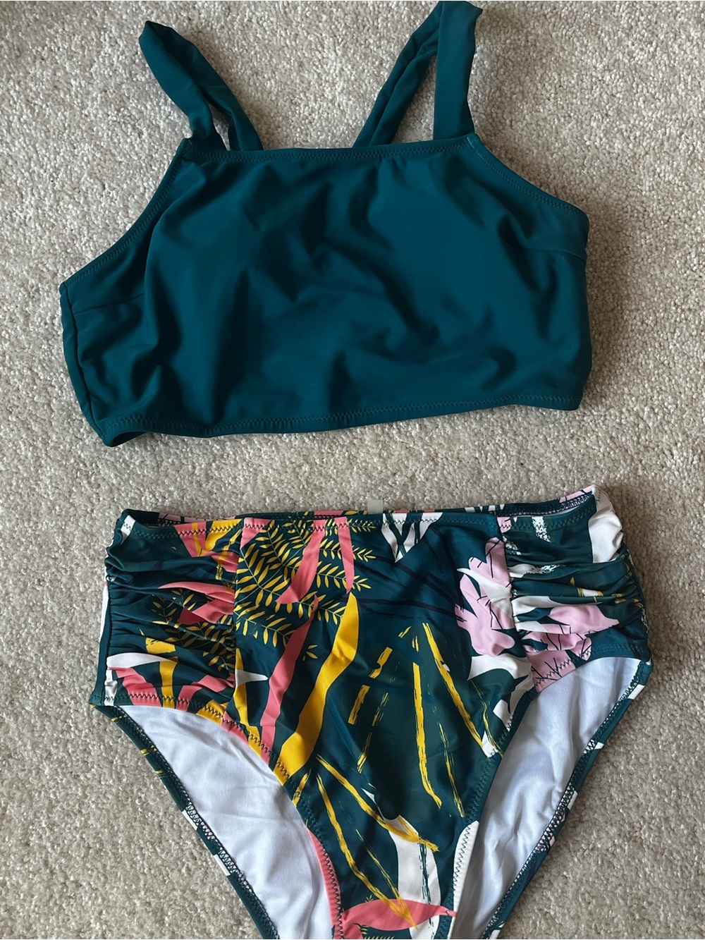 Women's Teal Bikini Set with Tropical High-Waist Bottom